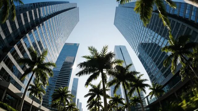 Modern cityscape with palm trees and glass buildings approximately 112 chars