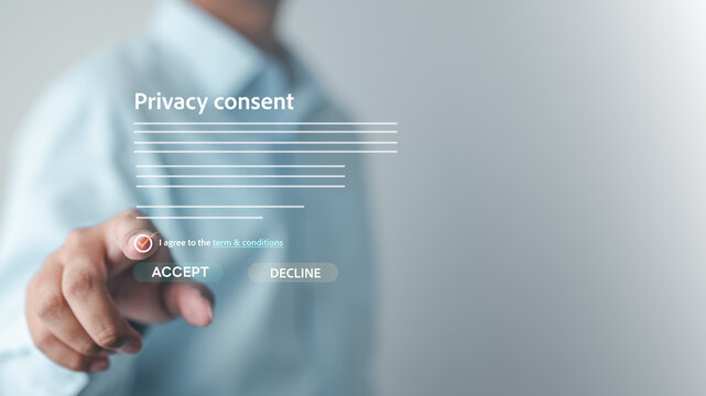 Privacy consent interface with accept and decline options, representing GDPR compliance, data protection, cookie settings, and user control over personal information in modern digital systems. - Powered by Adobe