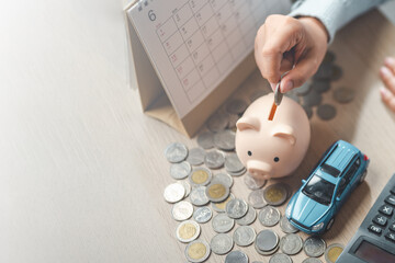 Bill payment reminder and monthly budgeting concept with calendar, piggy bank, coins, and car model, representing recurring expenses, due dates, financial planning, and time management.