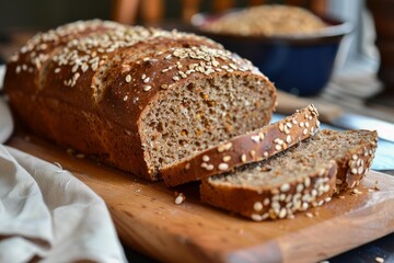 Freshly baked homemade bread with oat topping is partially sliced and presented on a wooden cutting board