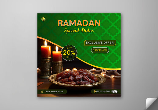 Editable Ramadan Dates Sale Social Media Post with 20 Percent Discount Offer on Green Islamic Pattern Background for Iftar Food Promotion.