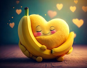 A fluffy yellow heart with closed eyes cuddles with a banana, hearts floating in the soft bokeh background