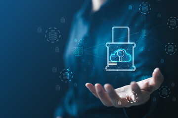 Cloud security concept with digital padlock and data network icons, representing secure cloud computing, encrypted data protection, privacy, and trusted cybersecurity infrastructure for enterprises.