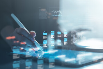 Digital data flow visualization on tablet, showing cloud analytics, database integration, and real-time information processing to support business intelligence, innovation, and cloud computing.