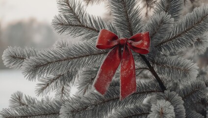 Red Bow on a Snowy Christmas Tree Branch in Winter.