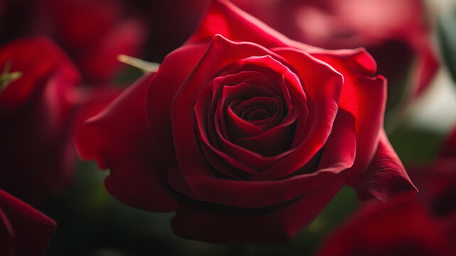 A close-up of a red rosebud against a blurred garden background. Banner design for Valentine's Day, engagement, and dating posters.
