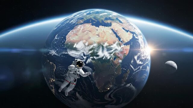 Astronaut floating in space with planet earth and moon visible