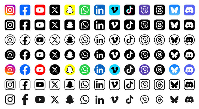 Latest 2026 Social media icons vector set. Social network logos collection. Instagram, Facebook, YouTube, X , Snapchat, WhatsApp, LinkedIn, Vimeo, TikTok, Viber, Threads, BlueSky, Discord.