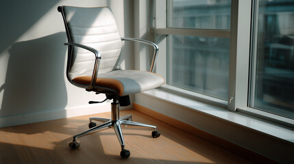 Modern office chair positioned by a sunlit window in a contemporary workspace with sleek design and elegant aesthetics enhancing productivity