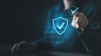 Travel insurance concept with digital shield and checkmark interface, representing trip protection, coverage verification, safety, and reliable travel planning for passengers and global travelers.