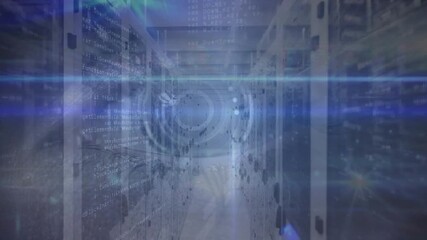 Animation of blue light trails and data processing over female eye against computer server room - Powered by Adobe