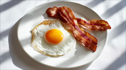 窓際から差し込む光に照らされた焼きたての目玉焼きとベーコンのモーニングプレート