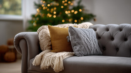 Cozy living room with decorated Christmas tree and stylish throw pillows on elegant gray tufted sofa in warm festive atmosphere