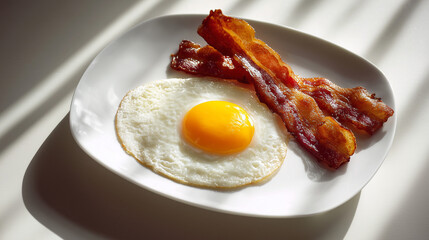 朝日が差し込むテーブルに置かれたカリカリのベーコンと目玉焼きの朝食