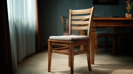 Elegant Wooden Chair in Cozy Dining Room with Natural Light and a Table and Soft Textures in a Warm and Inviting Atmosphere
