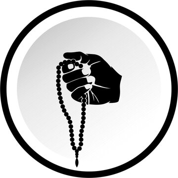 Hand holding prayer beads icon, Islamic dhikr or tasbih concept, religious devotion vector illustration
