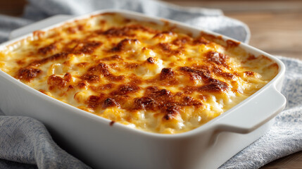 オーブンから出したばかりの表面がこんがりと焼けた熱々の手作りマカロニグラタン