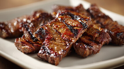 香ばしい焼き目がついたジューシーで厚切りの牛焼肉の盛り合わせ