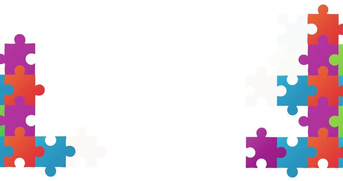 Animation of colourful puzzle network american dollar symbols over financial data processing