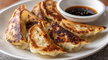 食卓に並ぶ香ばしい焼き目が食欲をそそる熱々の焼き餃子と醤油ベースのタレ