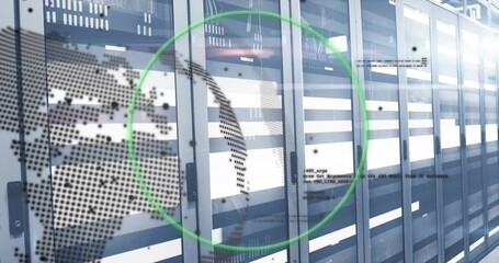 Animation of green circle and globe spinning over computer servers - Powered by Adobe