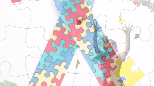 Animation of puzzle pieces with ribbon icon and letters over caucasian woman