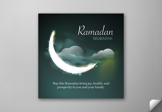 Editable Ramadan Mubarak Greeting Post with Glowing Crescent Moon on Dark Teal Clouds Background for Social Media Template.