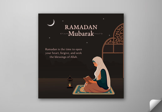 Editable Ramadan Mubarak Greeting Post with Muslim Woman in Hijab Reading Quran Book on Mat Illustration in Night Prayer Scene on Dark Islamic Background for Social Media Template.