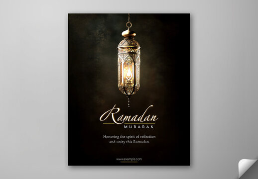 Ramadan Mubarak Greeting Card, Editable Social Media Template with Illuminated Arabic Lamp Hang on Black Background.