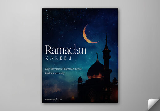 Ramadan Kareem Greeting Card, Editable Social Media Template with Mosque Illustration Under Crescent Moon and Starry Sky Background.