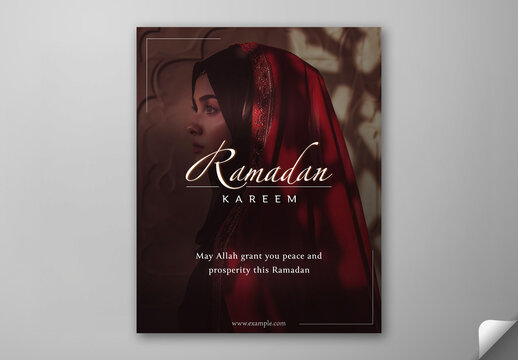 Ramadan Kareem Greeting Card, Editable Social Media Template with Muslim Woman in Traditional Outfit Photo.