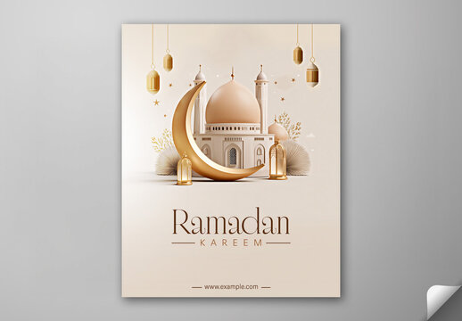 Ramadan Kareem Greeting Card, Editable Social Media Template with 3D Mosque, Golden Crescent Moon and Arabic Lamps on Beige Background.