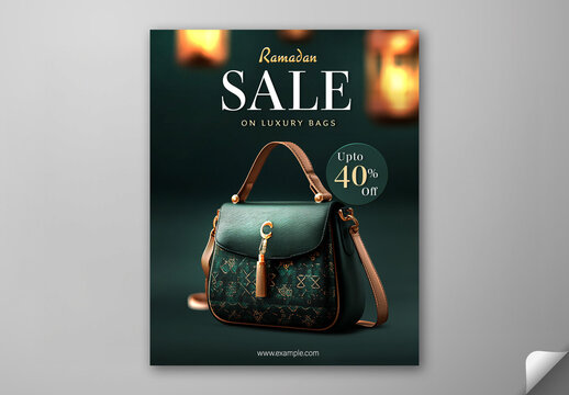 Editable Ramadan Sale Social Media Post Template with 40 Percent Discount Offer and Luxury Female Handbag on Dark Green Background.