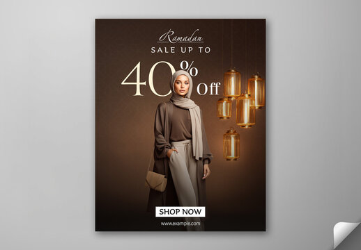 Editable Ramadan Sale Social Media Post Template with 40 Percent Discount Offer, Young Muslim Woman Portrait and Illuminated Lamps Hang on Dark Brown Background.