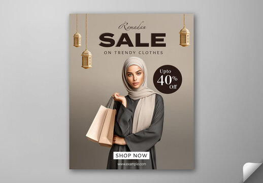 Ramadan Sale on Trendy Clothes, Editable Social Media Post Template with 40 Percent Discount Offer, Young Muslim Woman Portrait and Golden Arabic Lamps Hang on Beige Background.