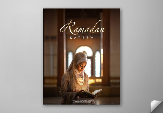 Ramadan Kareem Greeting Card, Editable Social Media Template with Young Muslim Woman Portrait in Hijab Reading The Quran Book Inside Mosque Photo.