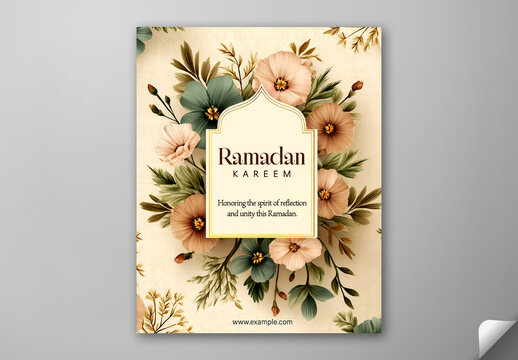 Ramadan Kareem Greeting Card, Editable Social Media Template with Elegant Floral Background.