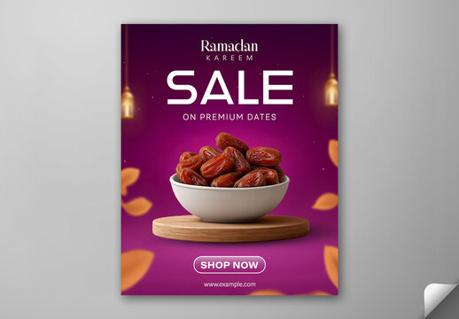 Ramadan Kareem Sale on Premium Dates, Editable Social Media Post Template in Deep Magenta Design.