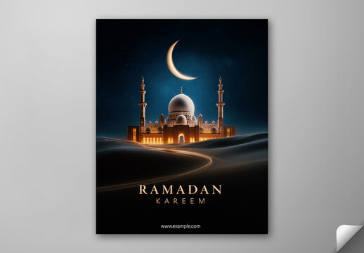 Ramadan Kareem Greeting Card, Editable Social Media Template with Glowing Mosque Illustration Under Crescent Moon Night Sky in Desert Landscape Background.