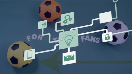 Animation of network of digital icons against close up of multiple soccer balls on blue surface - Powered by Adobe