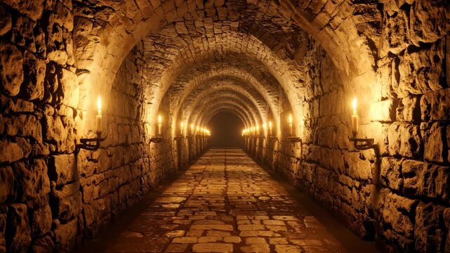 Mysterious medieval stone tunnel hallway illuminated by flickering candlelight sconces creates an eerie atmosphere of suspense, mystery, and exploration.