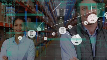 Animation of network of connections over diverse group of warehouse workers - Powered by Adobe
