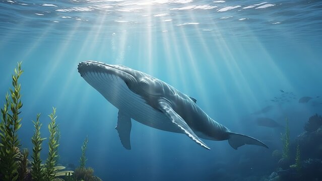 A majestic whale swims through the ocean with sunlight rays penetrating the water surface - Powered by Adobe