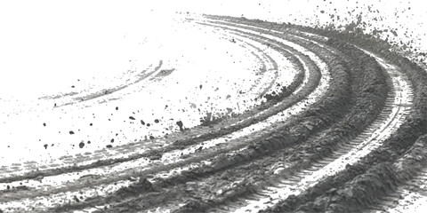 Muddy tire tracks curve sharply on a white background, with dirt splatters creating a dynamic scene © md