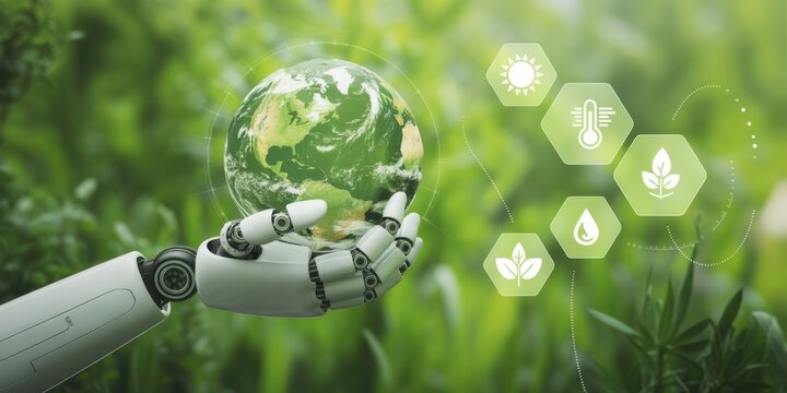 Robotic Hand Holding Earth: A robotic hand tenderly cradles a miniature Earth, symbolizing sustainability and the harmonious blend of technology and the environment. - Powered by Adobe