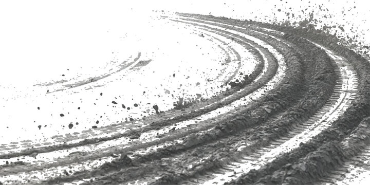 Muddy tire tracks curve sharply on a white background, with dirt splatters creating a dynamic scene