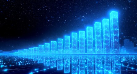 Digital Bar Chart Growth in Futuristic Cityscape with Blue Neon Glow.