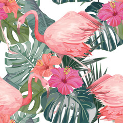 Summer seamless pattern with tropical palm leaves, flowers and flamingo. Jungle fashion print. Hawaiian background. Vector illustration