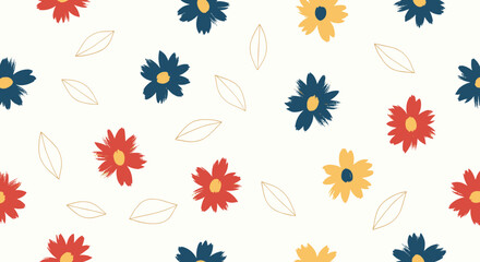 Fototapeta premium Seamless floral pattern featuring stylized flowers made with colorful paint strokes and gold leaf outlines on white.