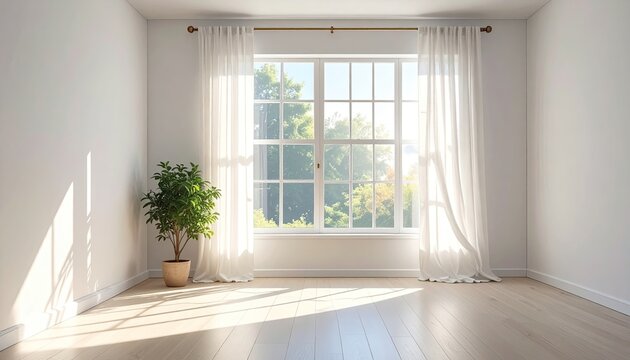 Bright, empty room with sunlit window & potted plant